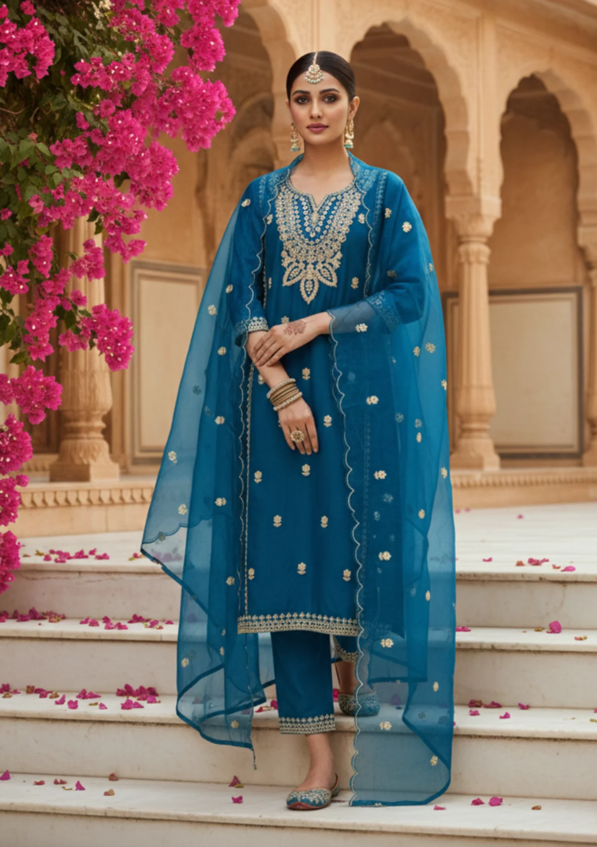Peacock Blue Art Silk Cording Straight Kurta With Pant Regular And Dupatta